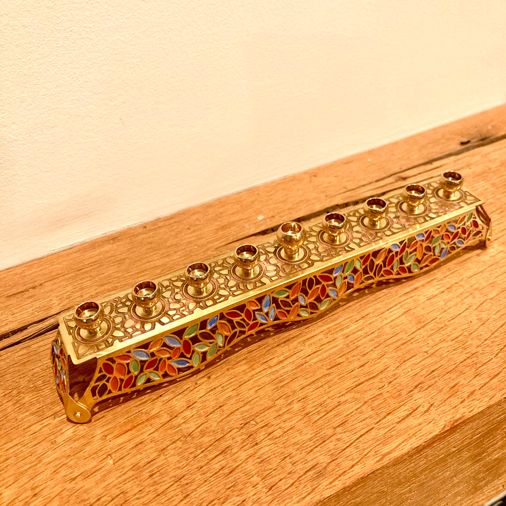 Leaves Brushed Brass Menorahs