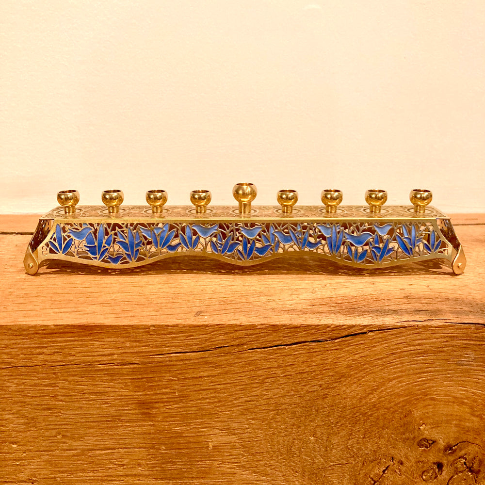 Birds and Leaves Brushed Brass Menorahs