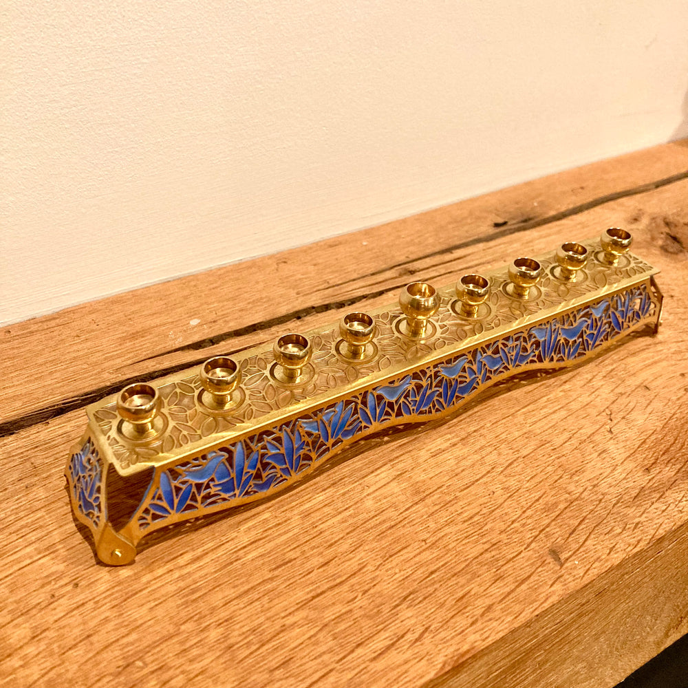 Birds and Leaves Brushed Brass Menorahs