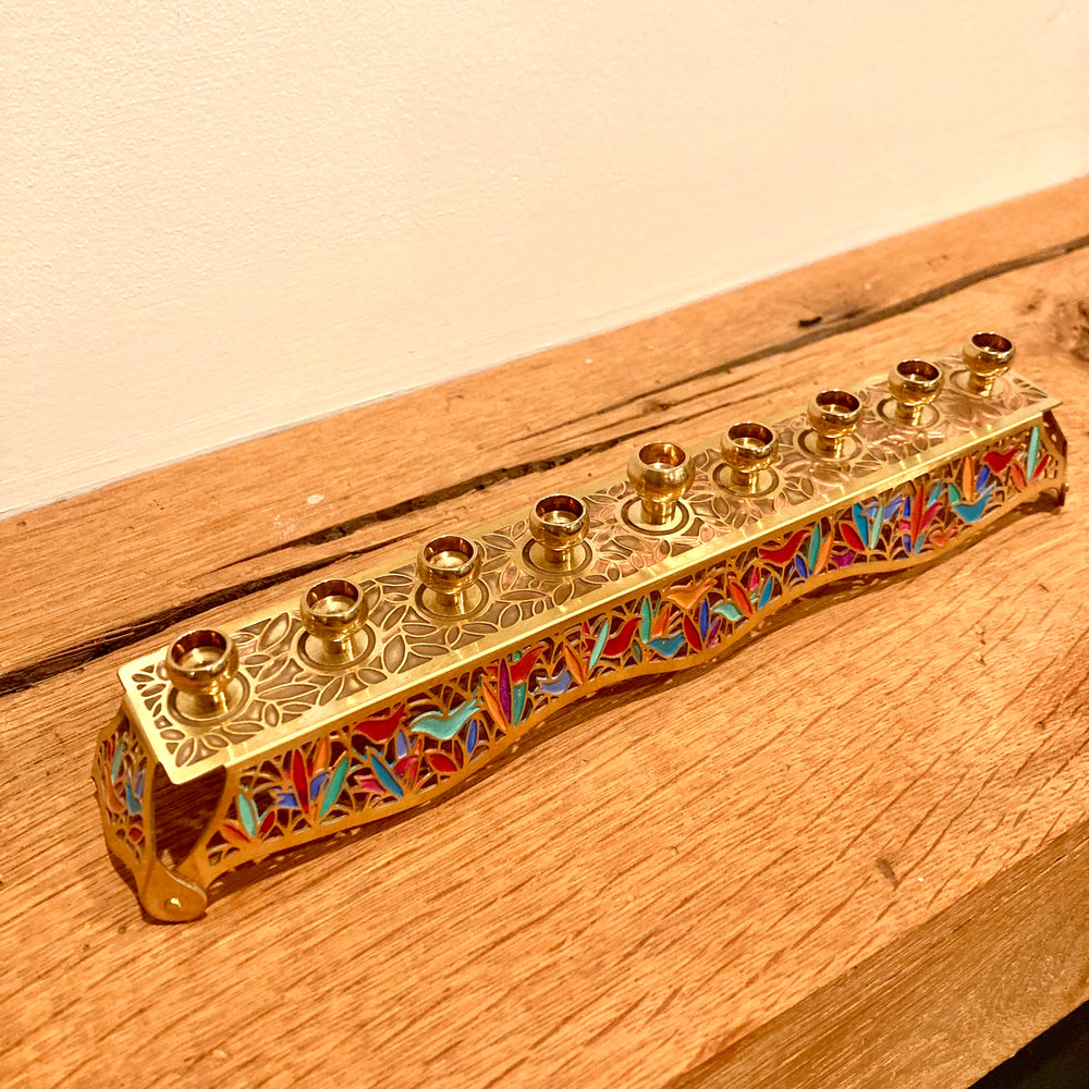 Birds and Leaves Brushed Brass Menorahs