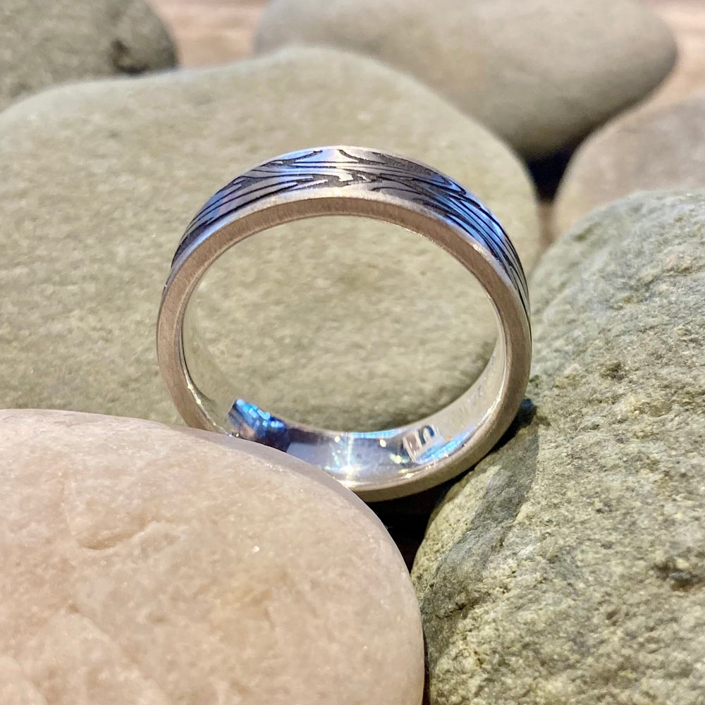 Dragonlace Damascus Steel Ring with Sterling Silver Rails