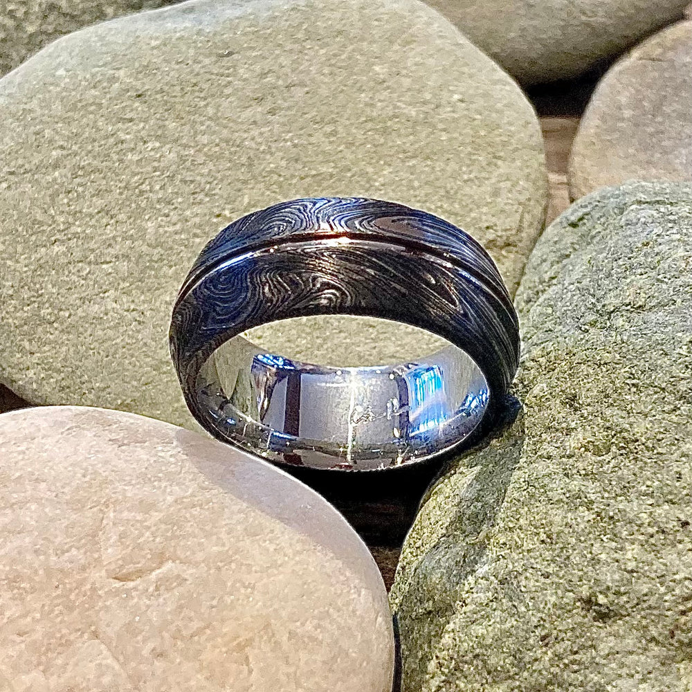 Oxidized Damascus Steel Vesuvius Ring with Palladium 500 Inlay