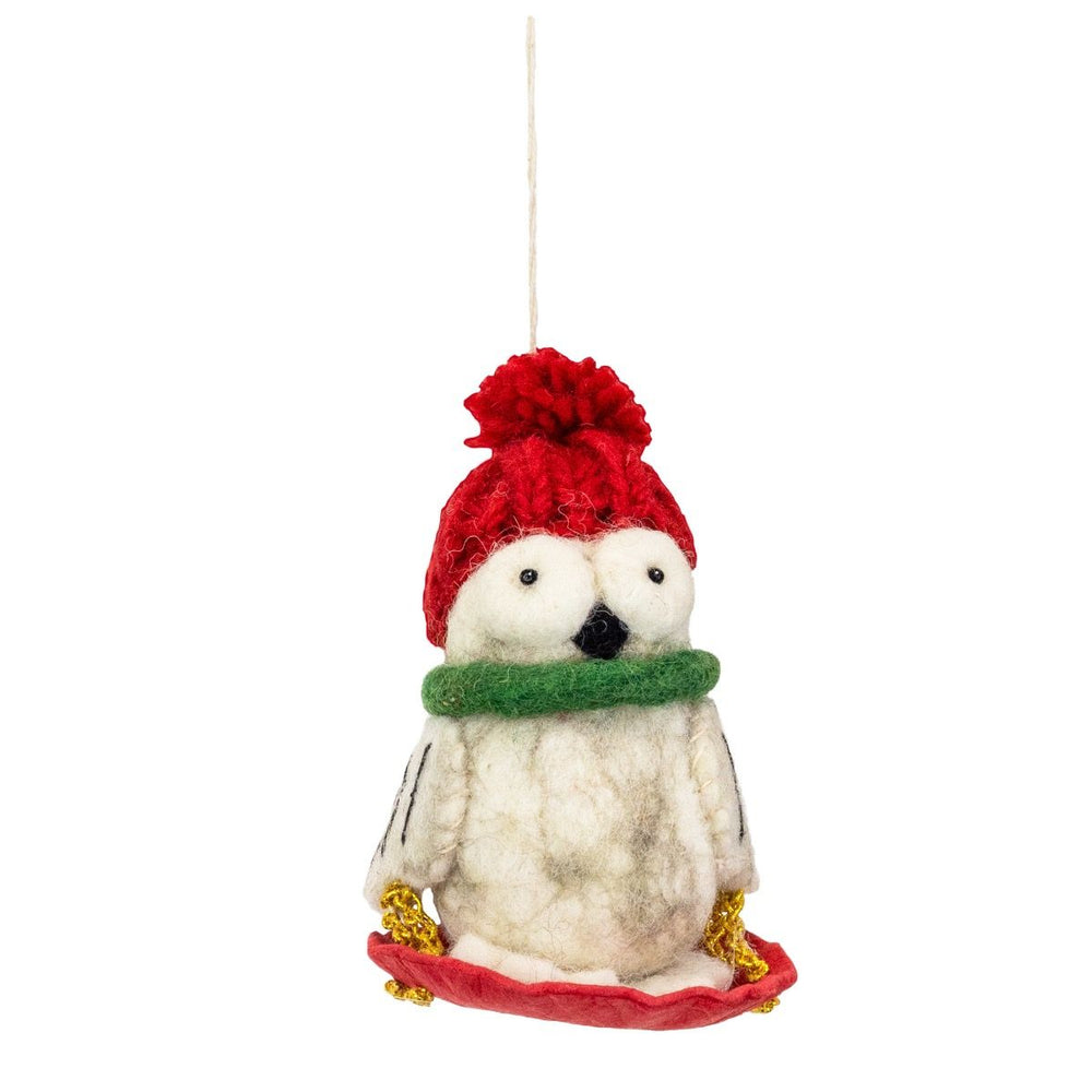Fair Trade Saucer Sledding Owl Ornament