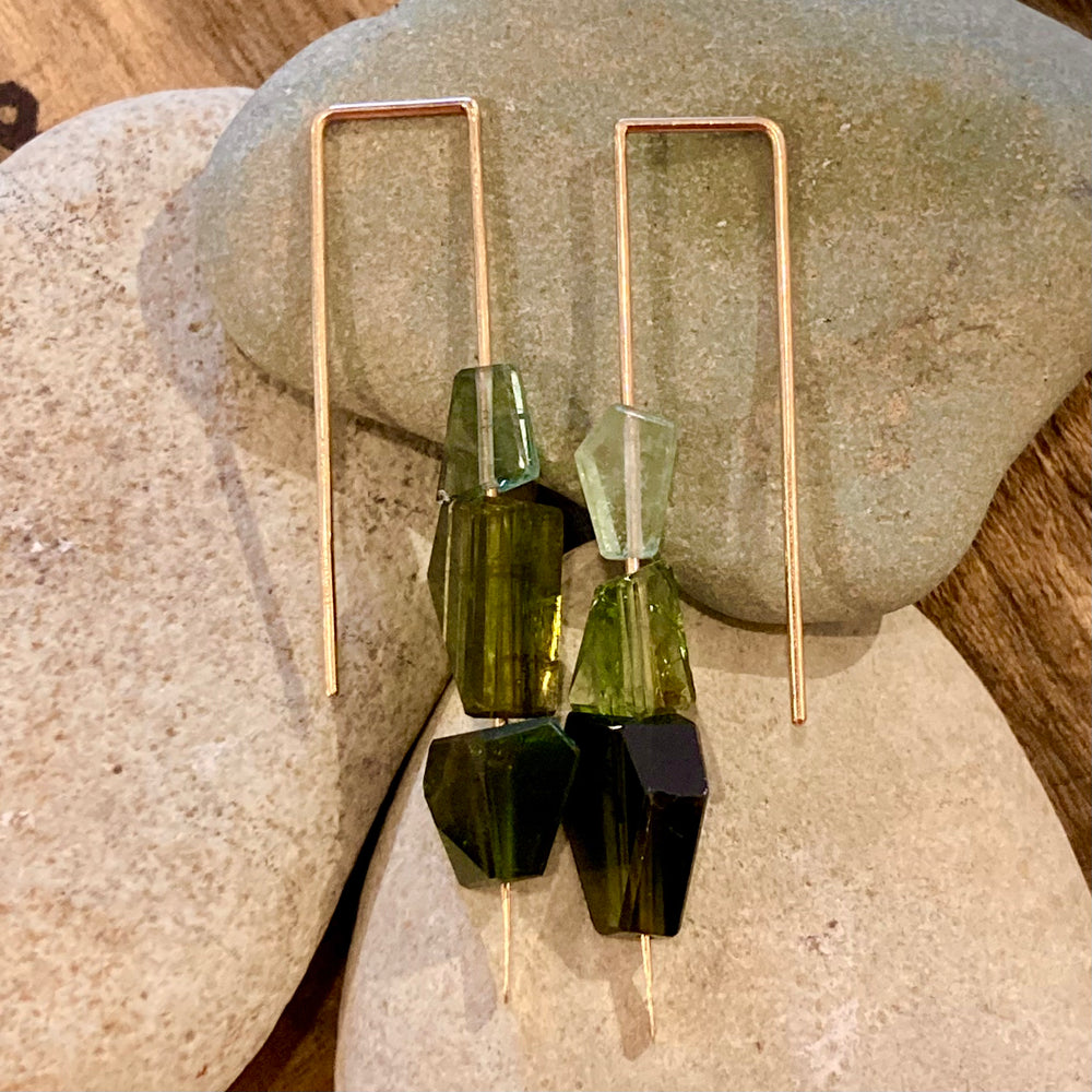 Geometric Triple Tourmaline 14K Gold Earrings