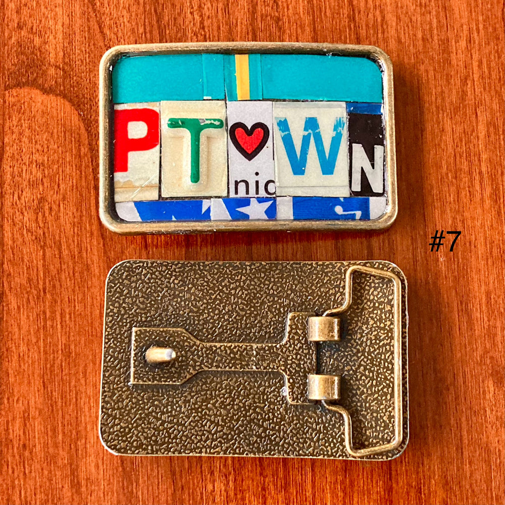 Heart of PTown Upcycled License Plate Belt Buckle