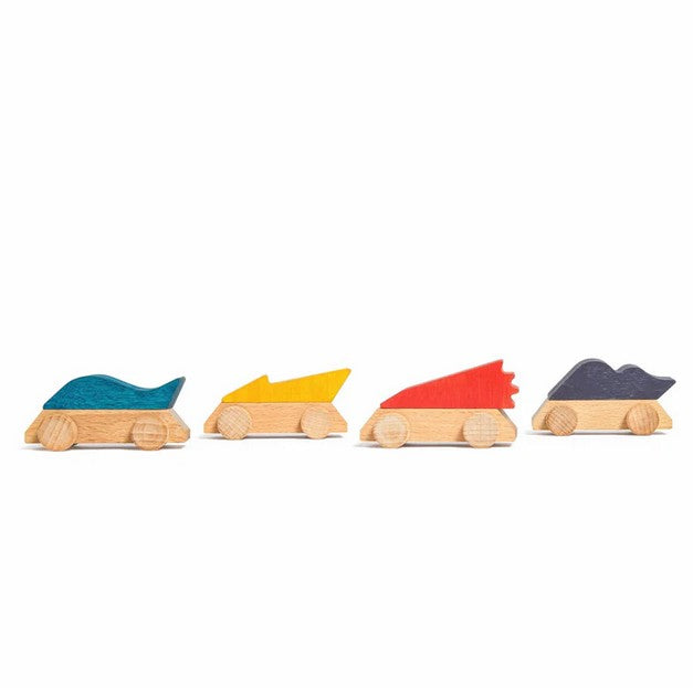 Four colorful wooden toy cars on a white background