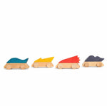 Four colorful wooden toy cars on a white background