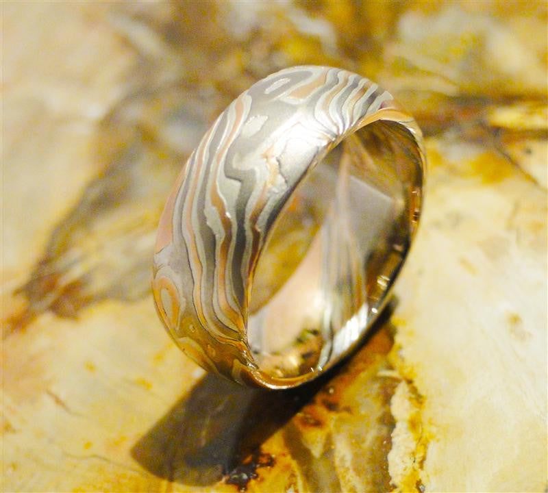 14K Palladium White Gold, 14K Red Gold and Sterling Silver Mokume Gane Ring
