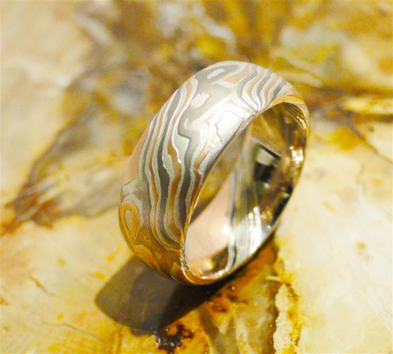 14K Palladium White Gold, 14K Red Gold and Sterling Silver Mokume Gane Ring