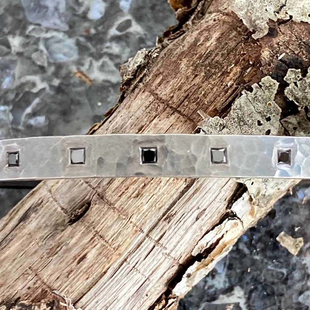 Hammered Oxidized Sterling Silver Cuff with Five Black Diamonds