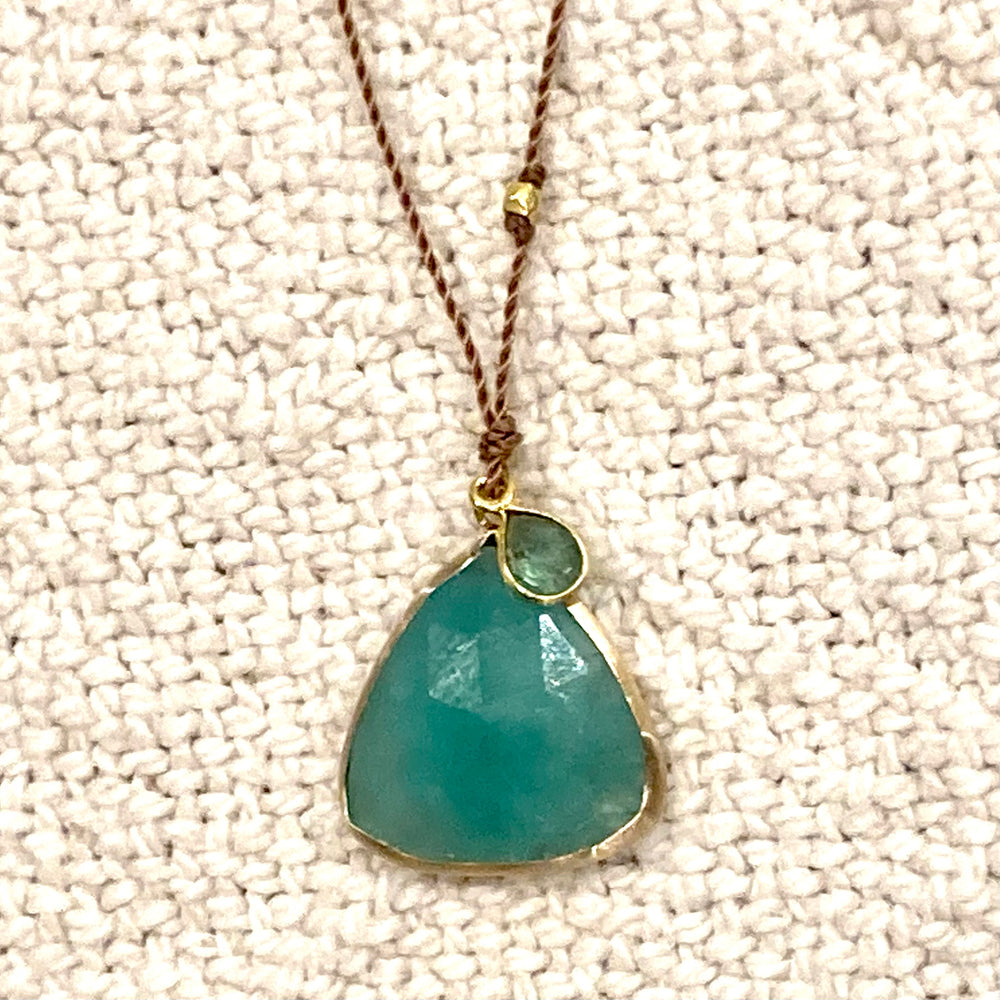 One of a Kind 14K Gold Framed Emeralds on Cord Necklace