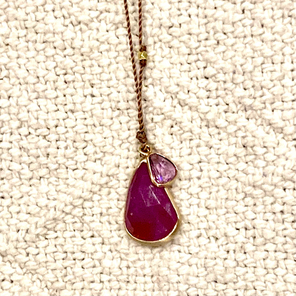 One of a Kind 14K Gold Framed Sapphires on Cord Necklace