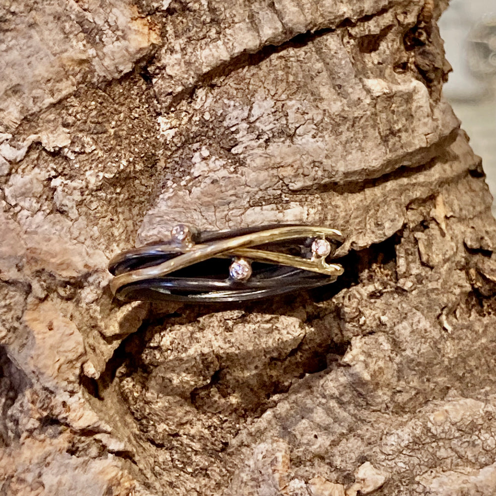 Orion's Belt Diamond, 18K Gold and Oxidized Sterling Silver Ring