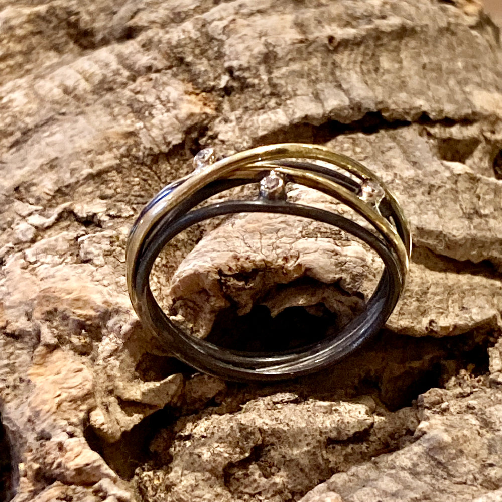 Orion's Belt Diamond, 18K Gold and Oxidized Sterling Silver Ring