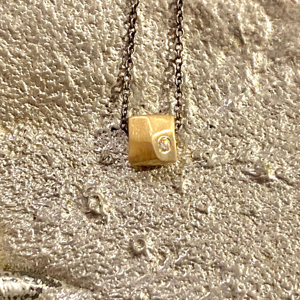14K Pebble with Offset Diamond Oxidized Sterling Silver Necklace
