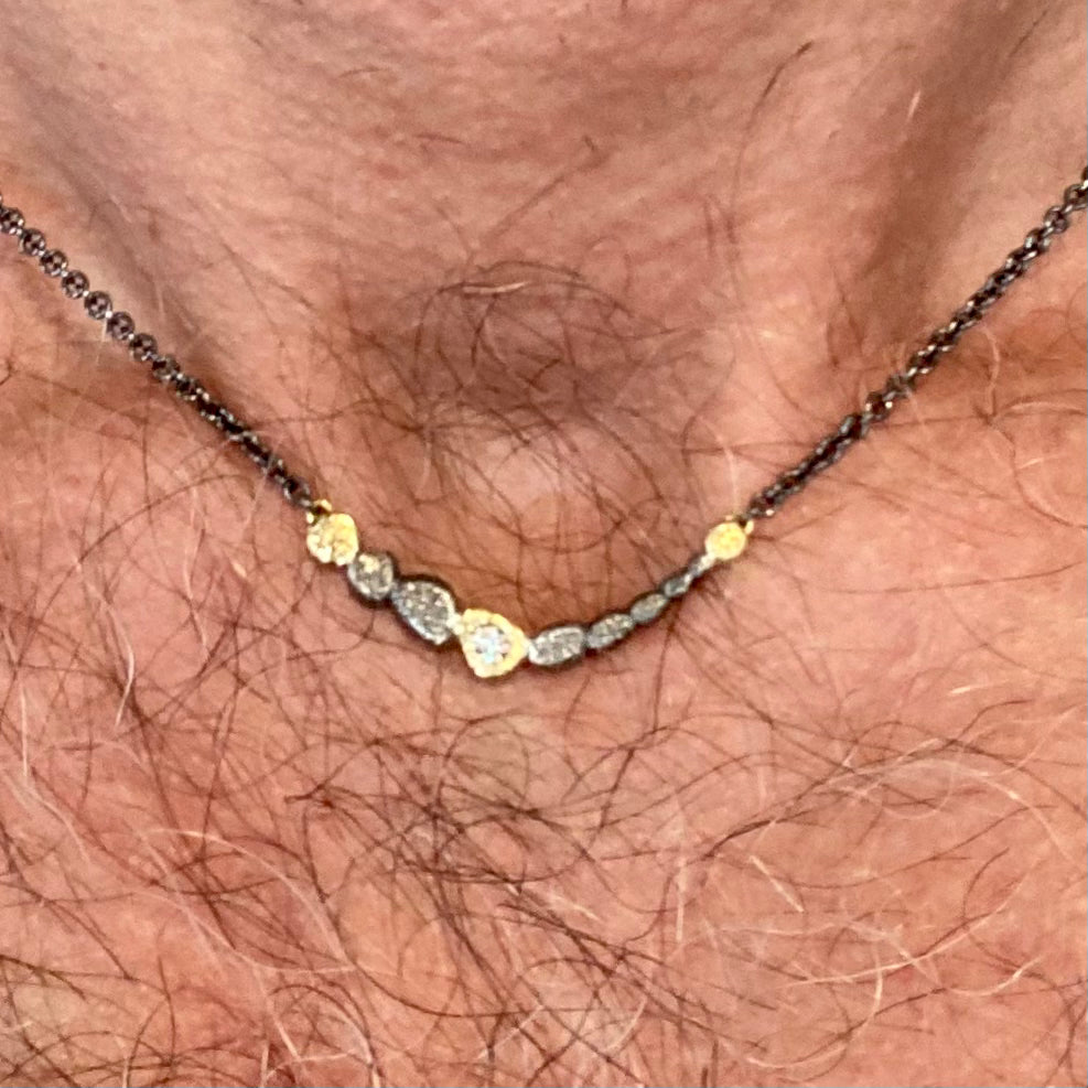 18K Gold Diamond and Textured Oxidized Sterling Silver Pebbles Bridge Necklace
