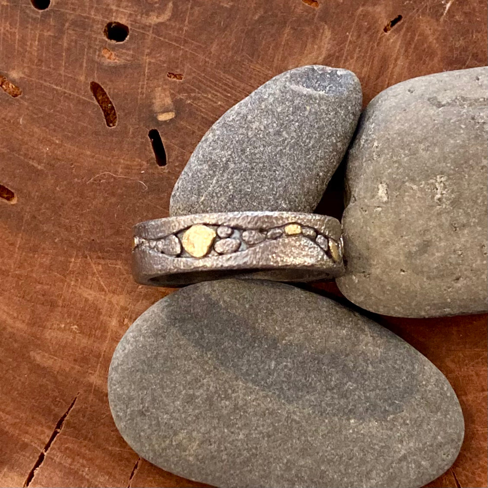 18K Gold and Sterling Silver River Pebbles Textured Oxidized Sterling Silver Stream Ring