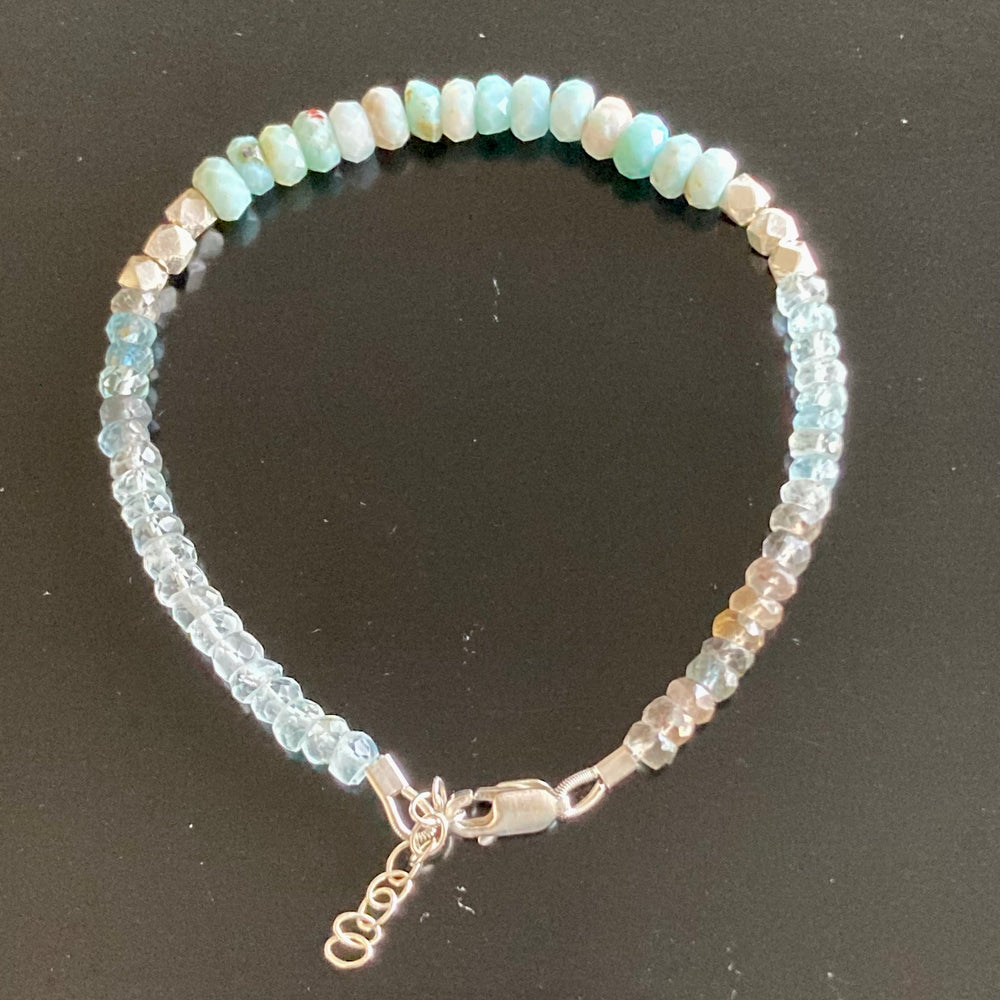 Faceted Larimar, Moss Aquamarines and Sterling Silver Bracelet