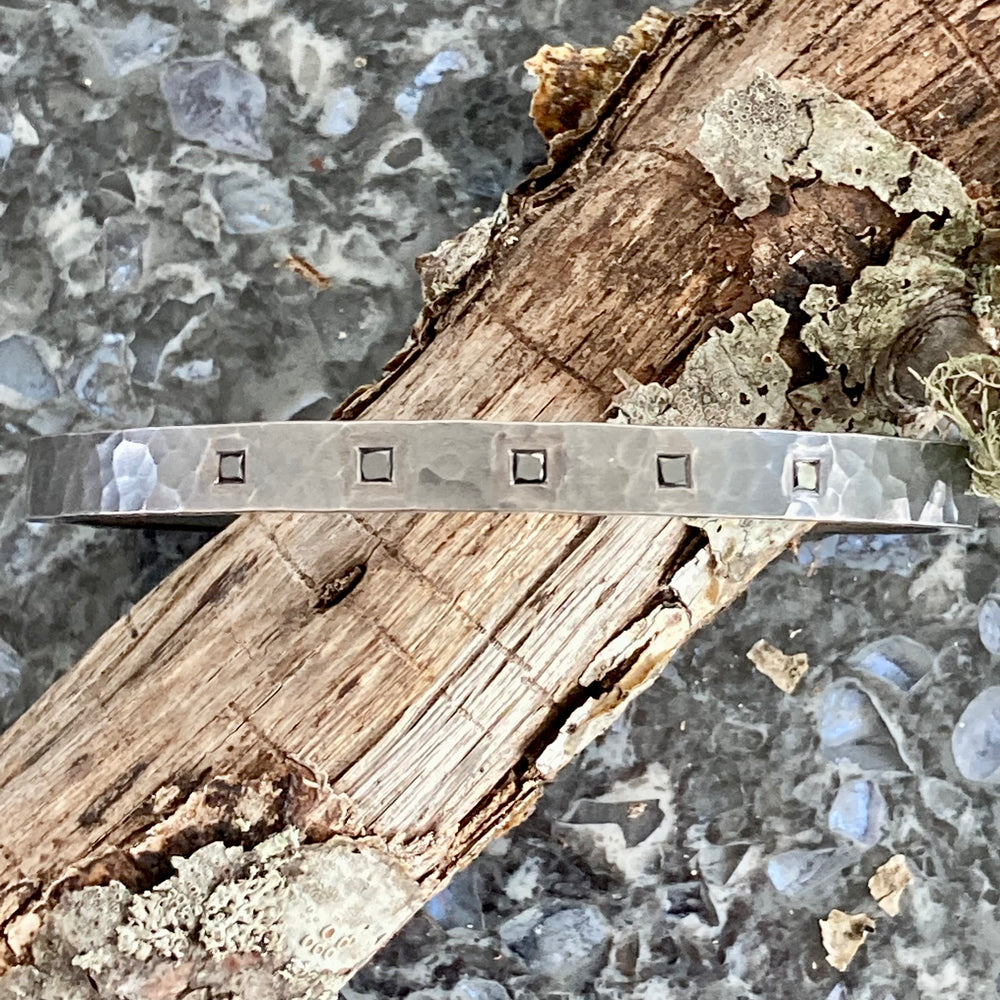 Hammered Oxidized Sterling Silver Cuff with Five Black Diamonds